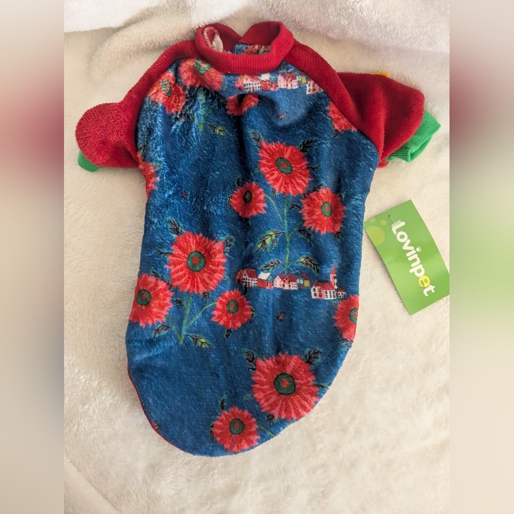 Lovinpet dog sweater coat floral soft fuzzy fleece small red/blue